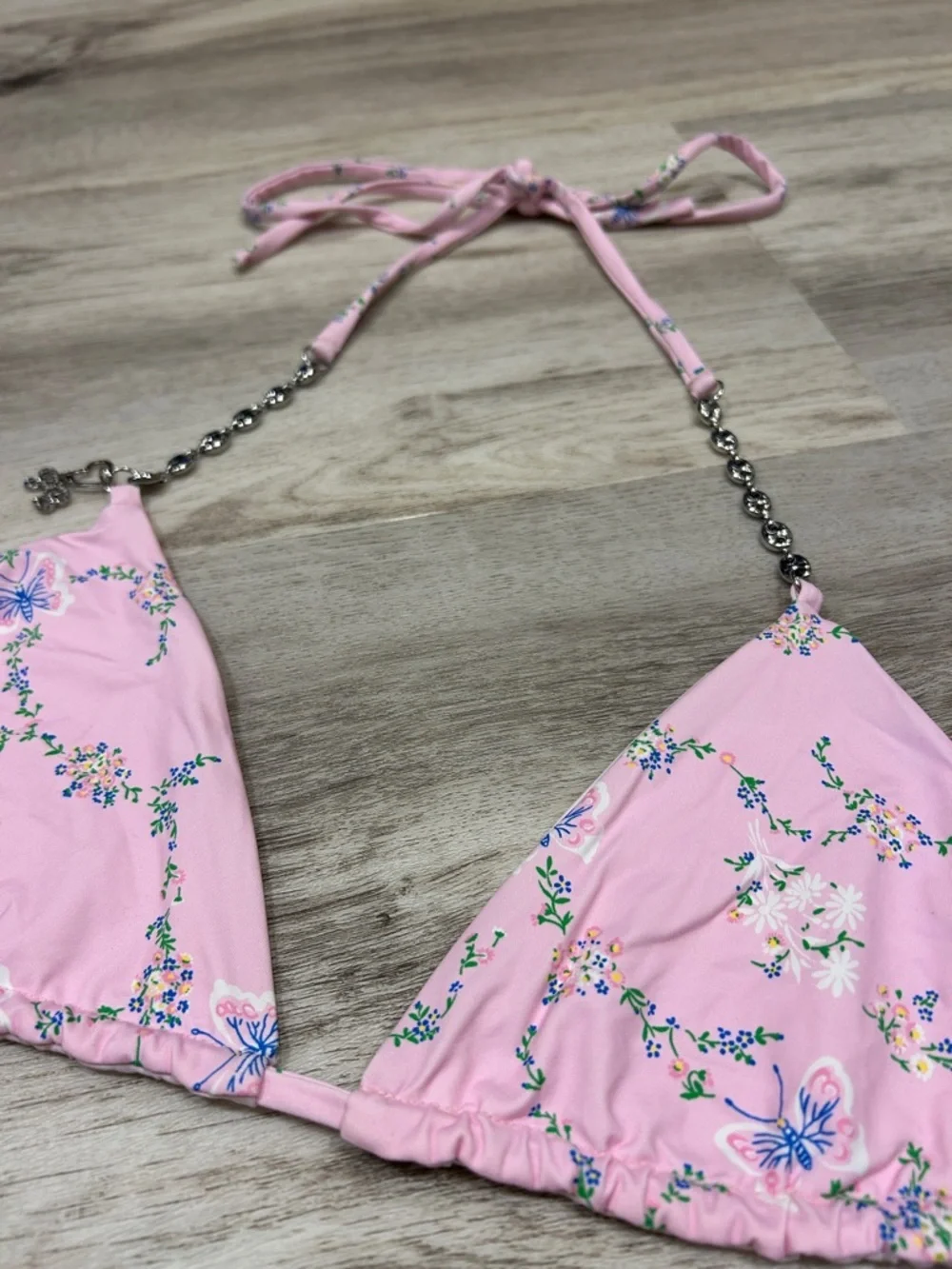 Frankie's Bikinis Fairytale Butterfly Floral‎ Vine Charm Chain Triangle Swim Top